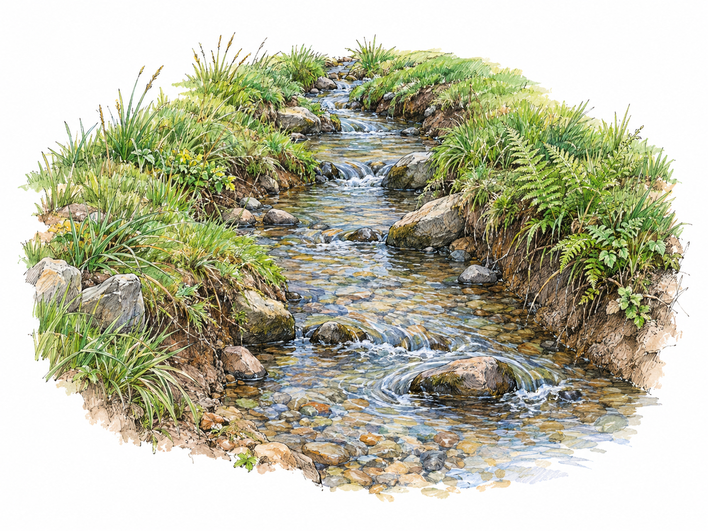 A narrow, shallow natural stream winds between irregular grassy banks, with clear water rippling around small stones and a visible pebble bed.