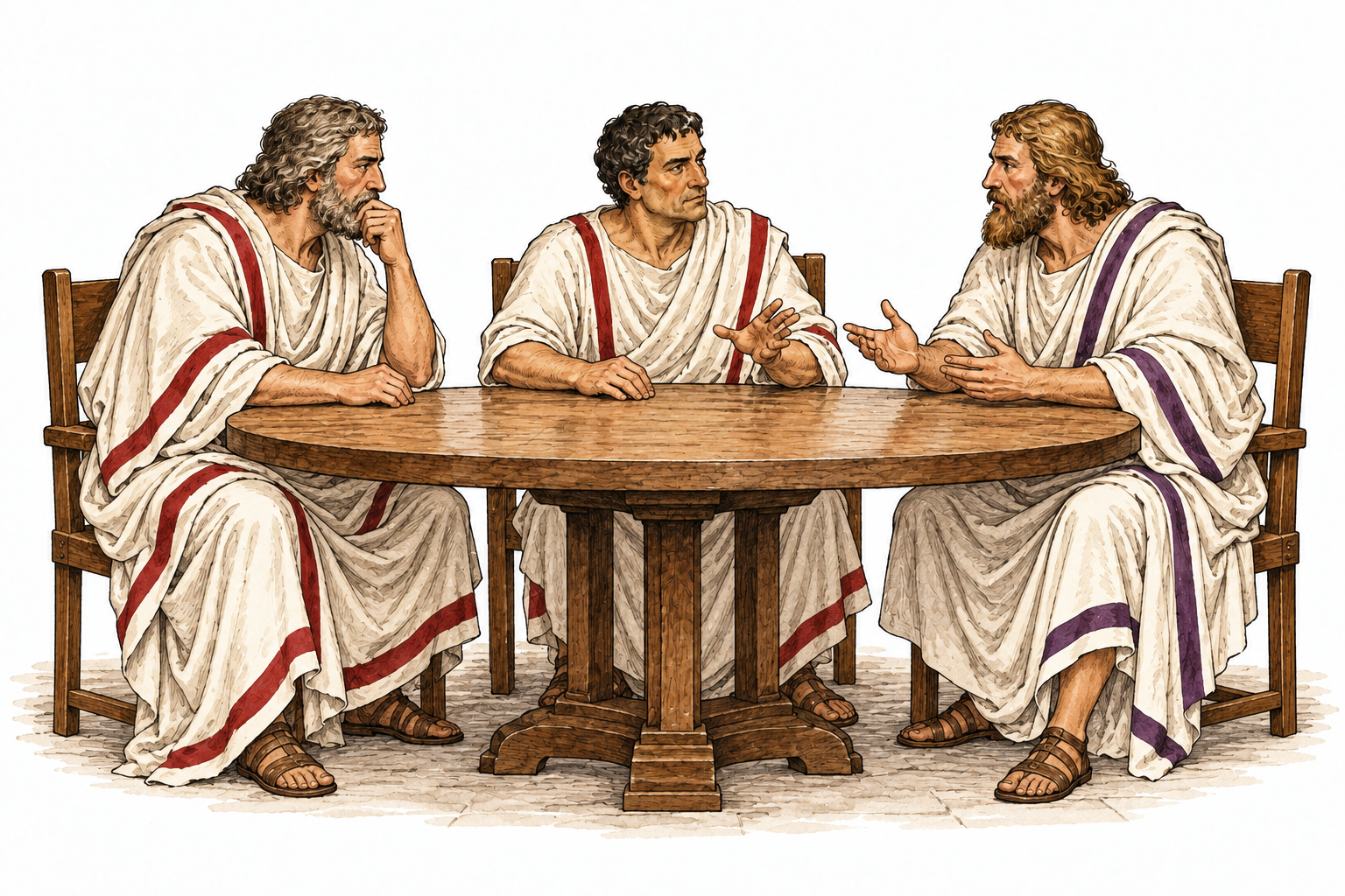 Three historically coherent Roman magistrates with equal authority jointly deciding at a simple council table, no writing.