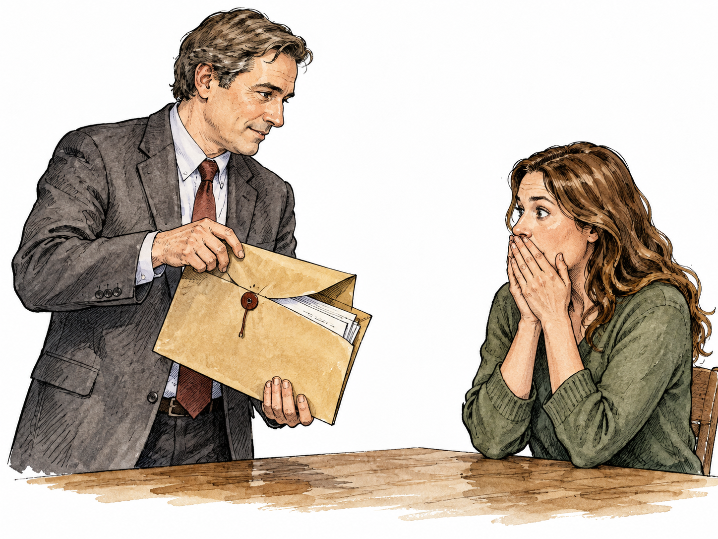 A white adult reveals a previously concealed document to a surprised listener, opening a sealed folder.