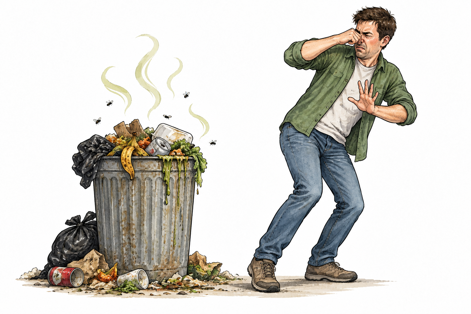 An adult recoils and pinches nose near a foul-smelling overflowing rubbish bin, subtle odor lines.