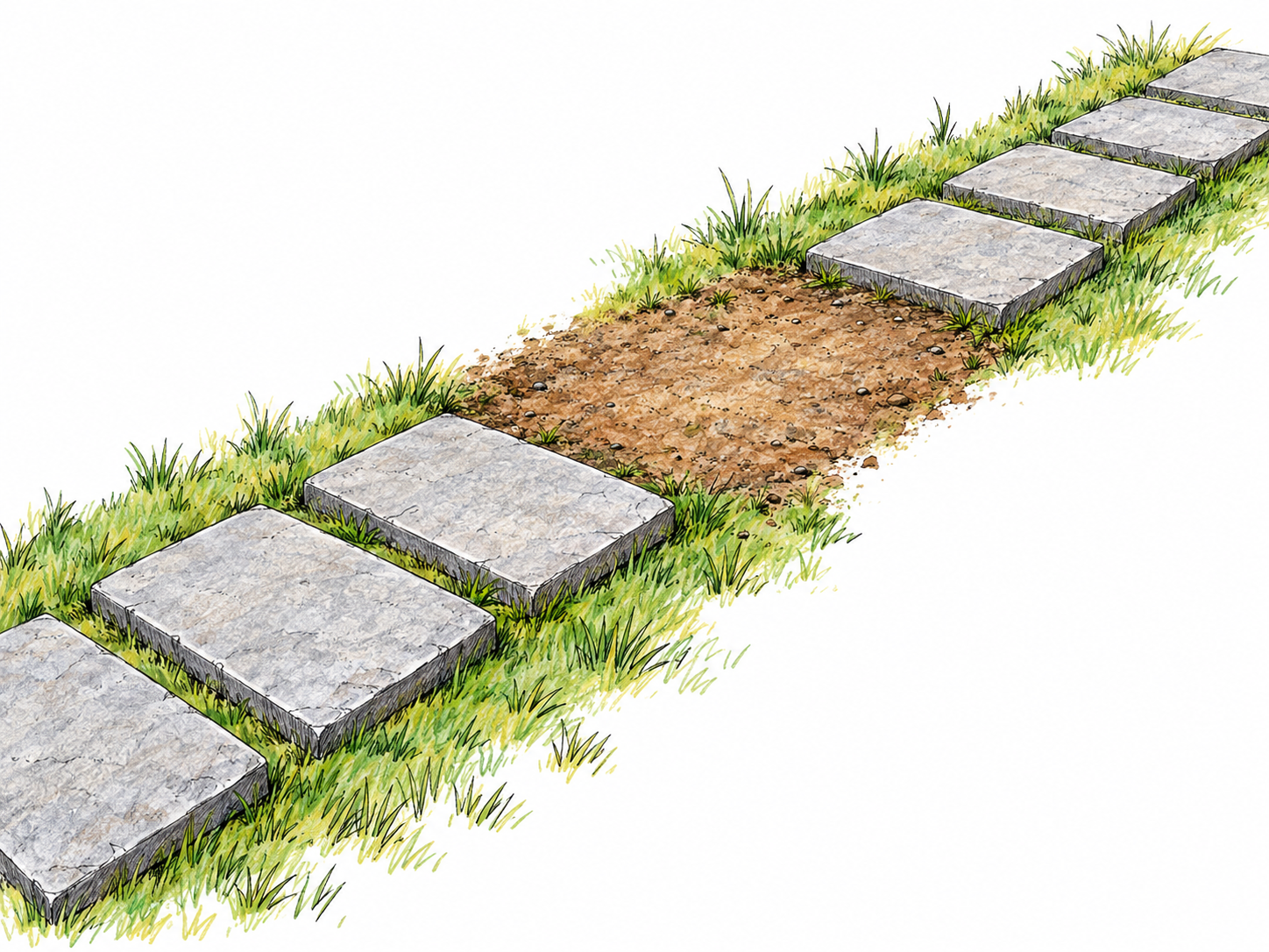 A straight sequence of evenly spaced paving stones has a conspicuous empty stretch in its middle, then resumes with the same stones and spacing beyond the gap.