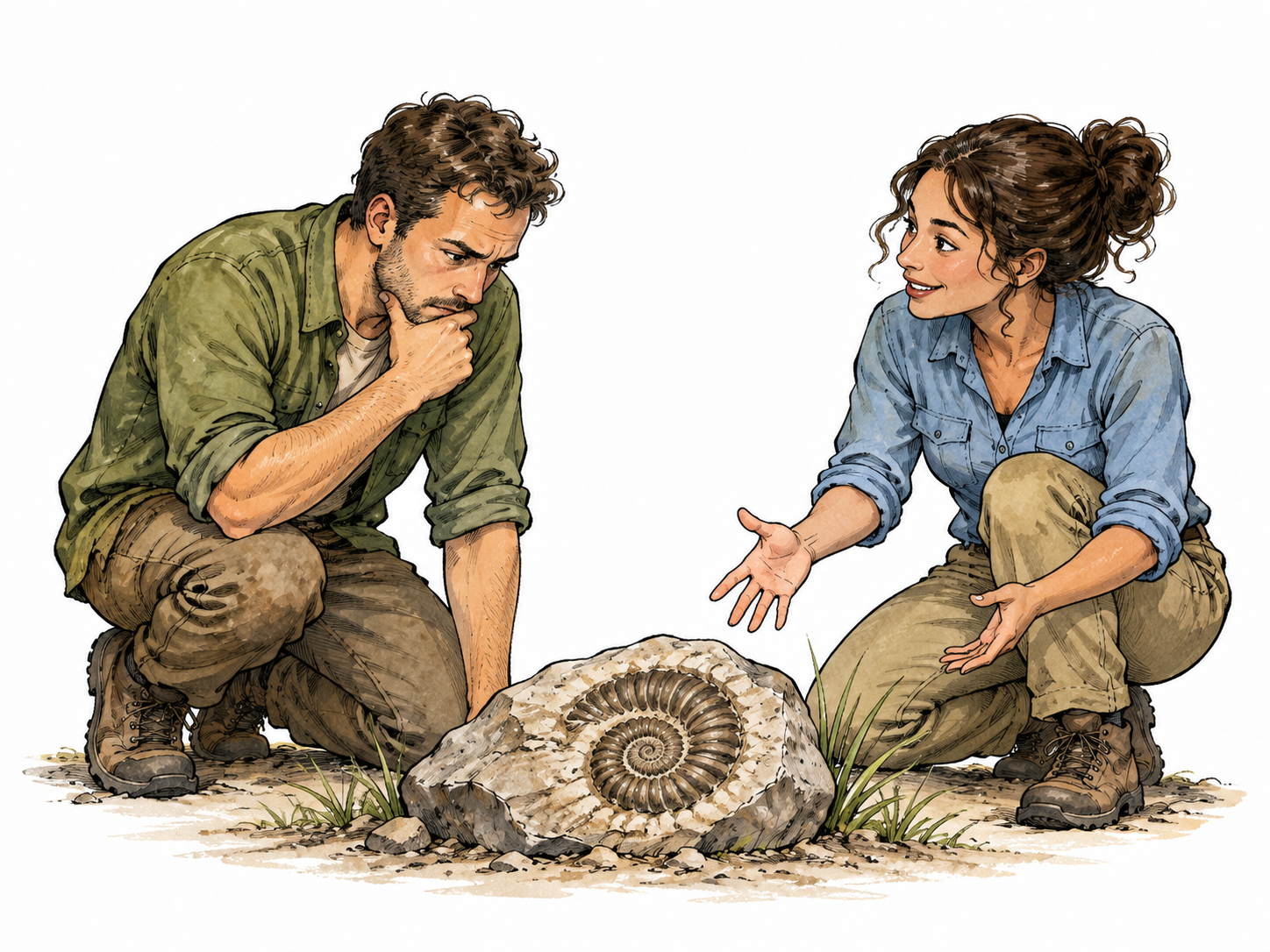 A skeptical listener studies a clear physical piece of evidence and begins to accept the account.