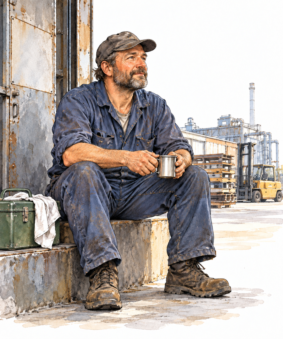 An ordinary factory worker takes a break in work clothes, respectful working-class portrayal.