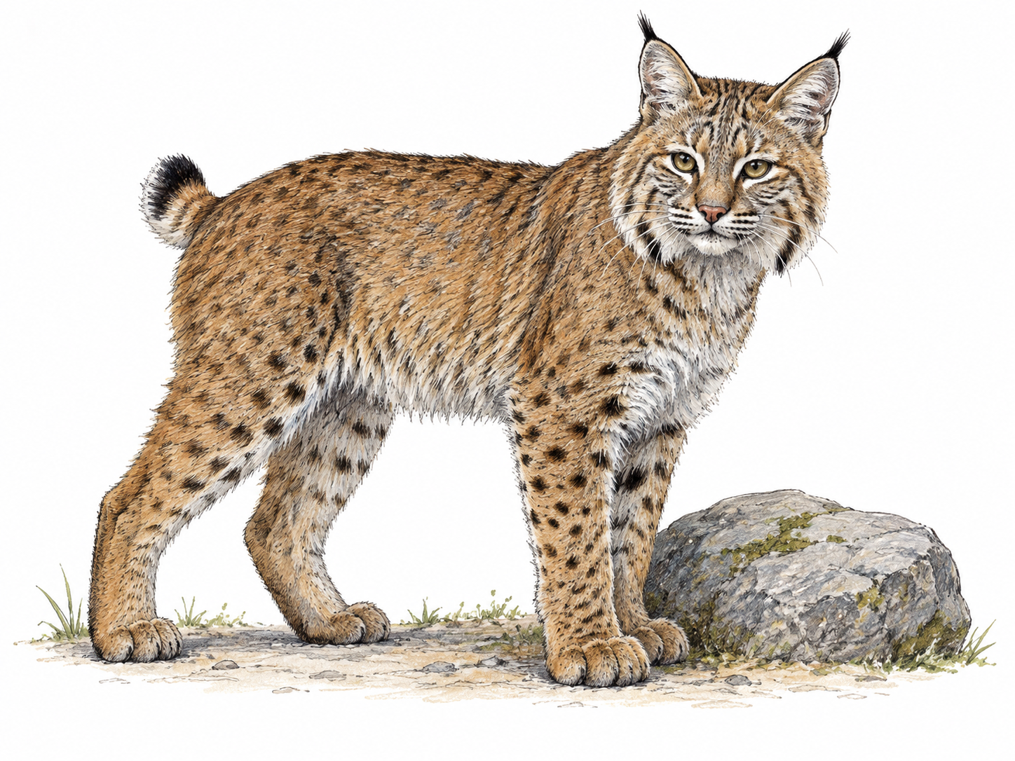 An accurate bobcat with short bobbed tail, cheek ruff, tufted ears and spotted tawny coat stands beside one low stone; no lynx-like oversized ear tufts or long tail, minimal ground.