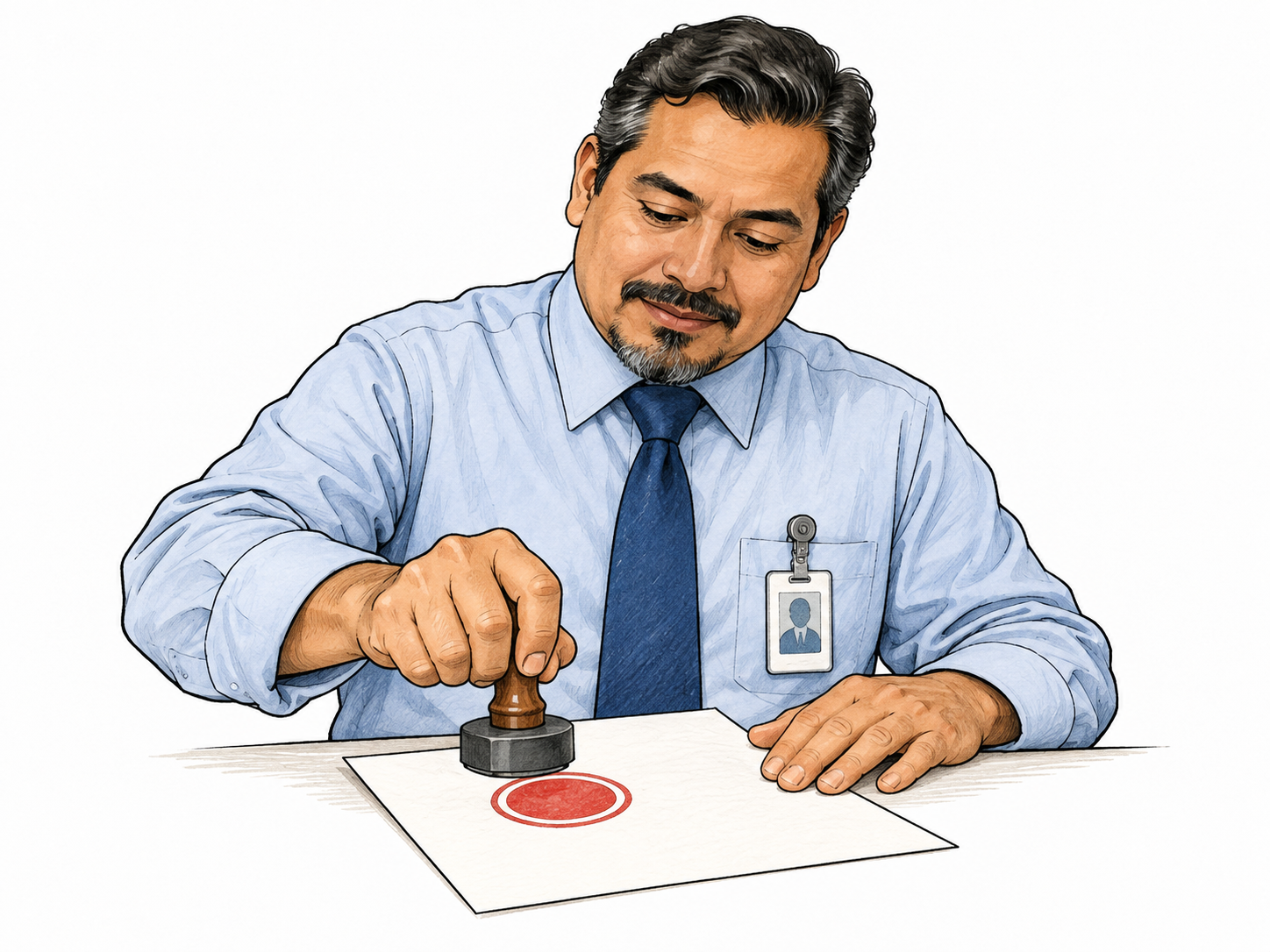 Authorized adult clerk stamps a plain document with one simple circular seal while institutional badge visible; no readable words or invented official seal.