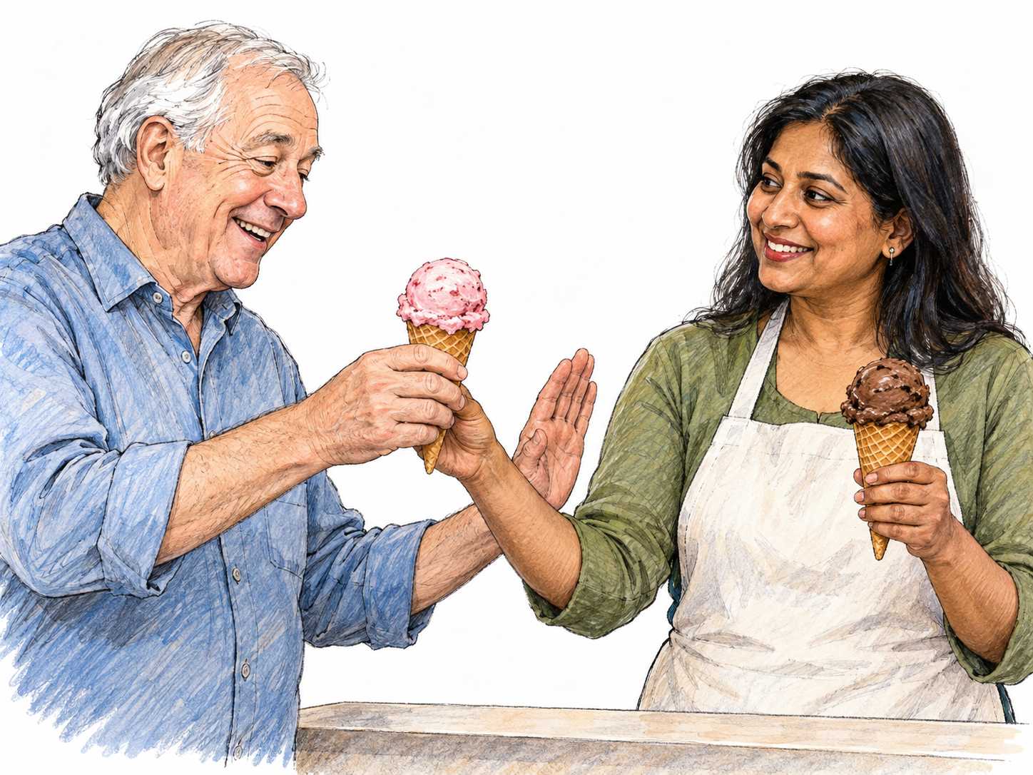 An older man visibly chooses a strawberry ice-cream cone over a chocolate one, smiling and reaching toward his preferred flavor while gently declining the alternative.