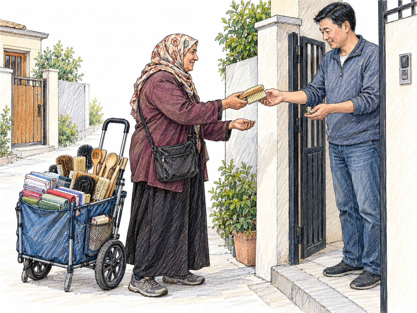 A traveling seller pauses with her portable wheeled merchandise cart at a customer's front gate, exchanging a small household brush for coins.