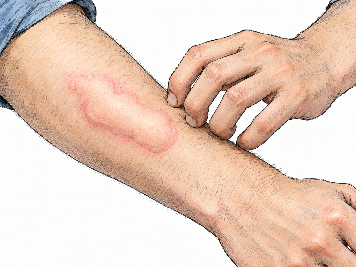 Close view of a man's forearm with one clearly elevated, pale-centered pink welt; fingertips from his opposite hand gently scratch beside it, making both the raised mark and itch visible.