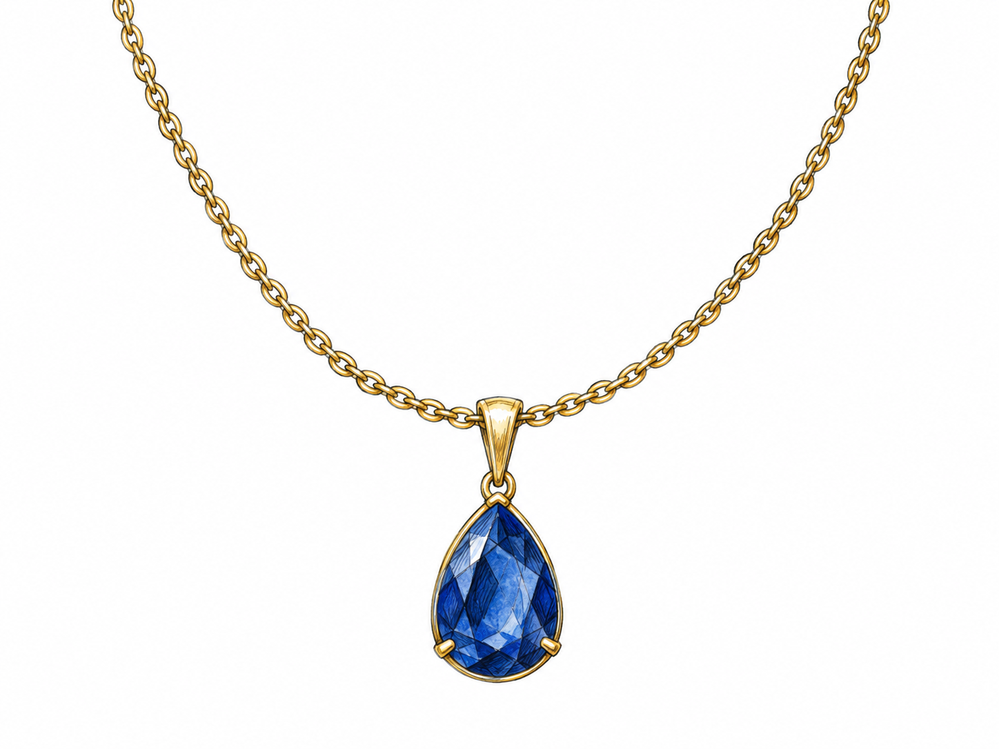 A single teardrop gemstone ornament attached by a clearly visible bail to the bottom of a fine gold necklace chain.
