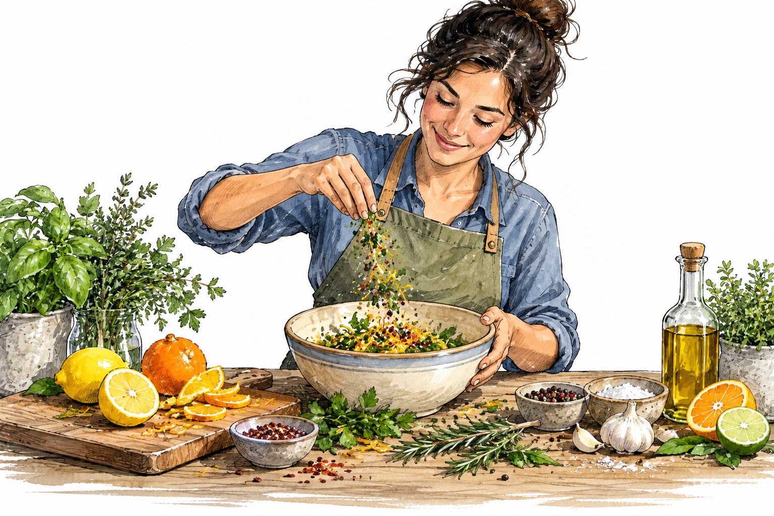 A modern cook combines colorful herbs, sliced citrus and spices in a bowl, inventive mixing action.