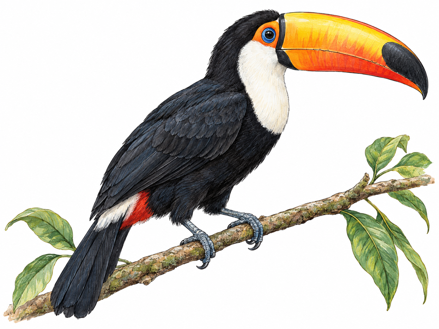 A single toco toucan perched side-on on a slender tropical branch, its enormous orange bill and distinctive black-and-white plumage immediately recognizable.