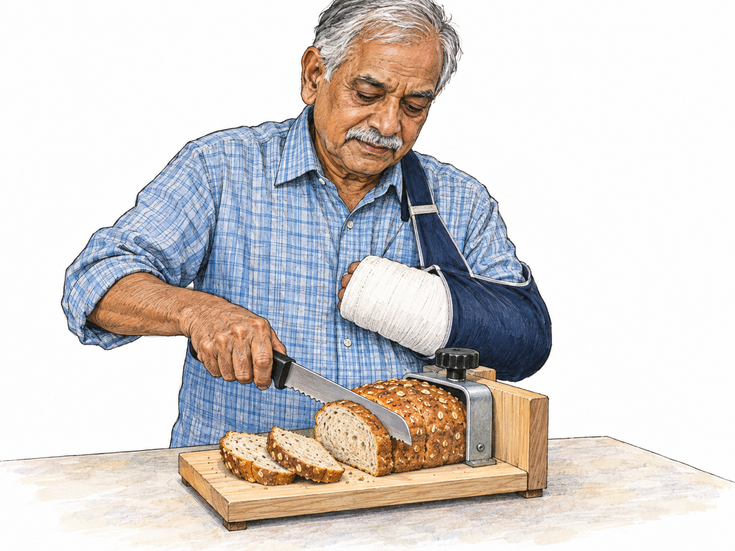 An older man with one arm immobilized in a cast and sling successfully prepares breakfast using his free hand and a simple adaptive bread board.