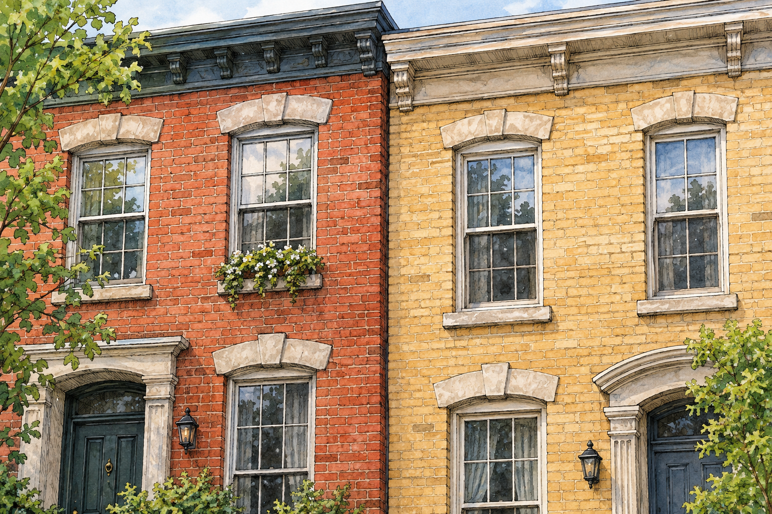 Two neighboring brick buildings directly touch at a shared wall with no gap, close view of abutting edges, no labels.