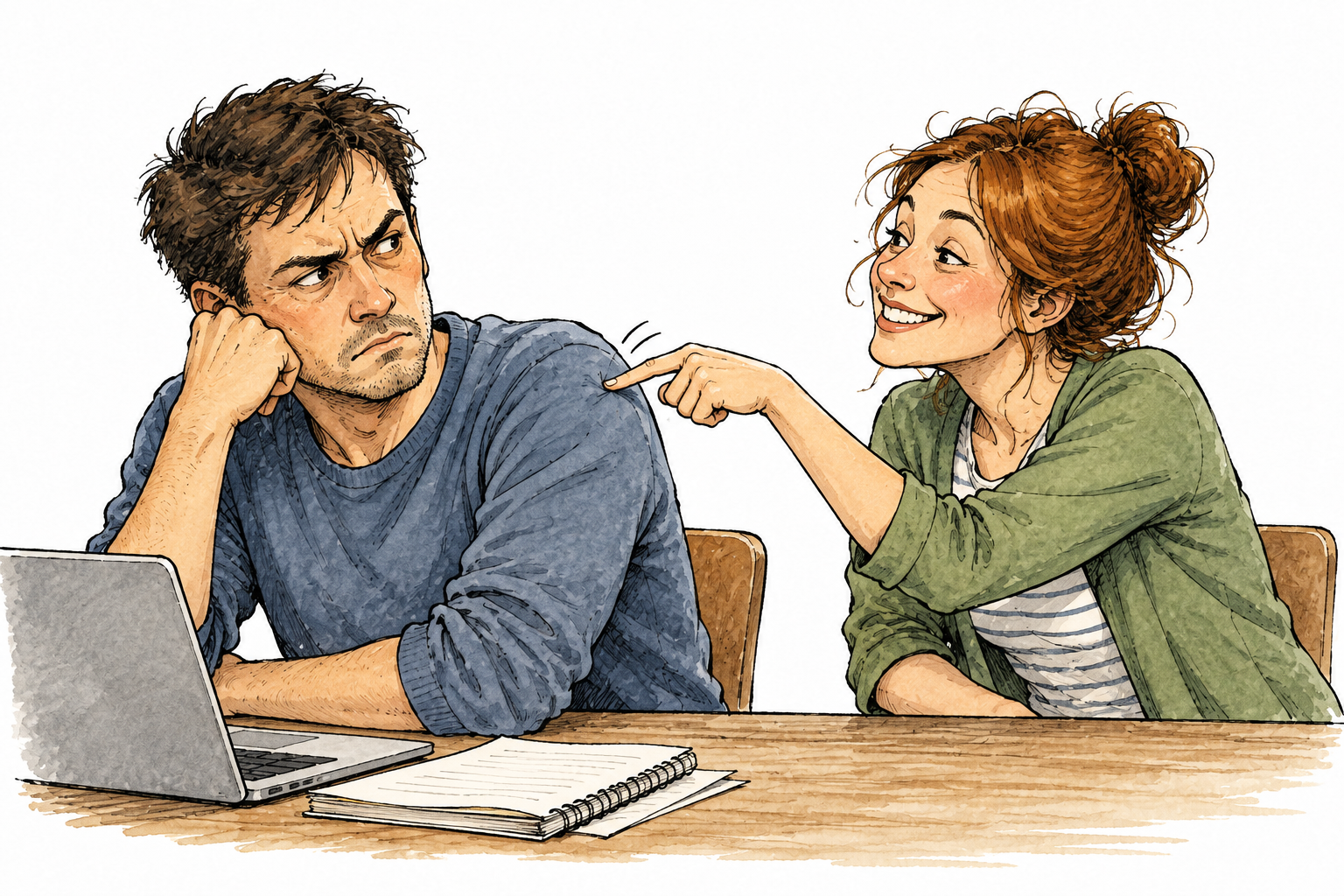 One adult repeatedly pokes another's shoulder despite irritated expression, clearly causing annoyance, nonviolent.