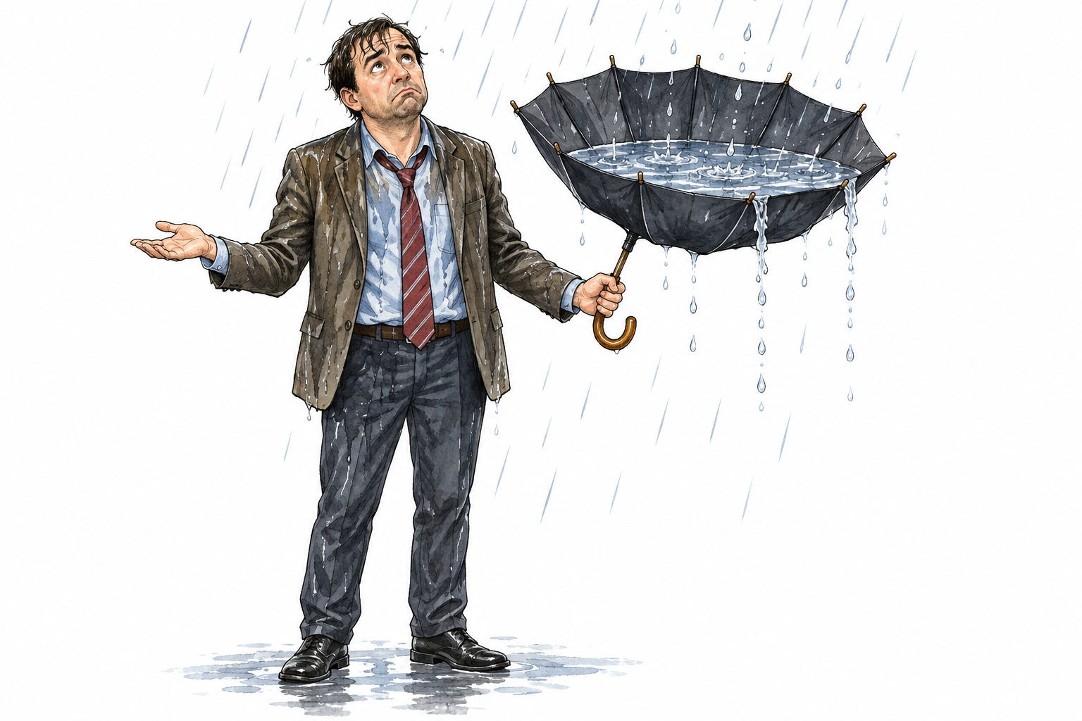 Adult stands in rain using upside-down umbrella that catches water instead of sheltering him, foolish judgment.