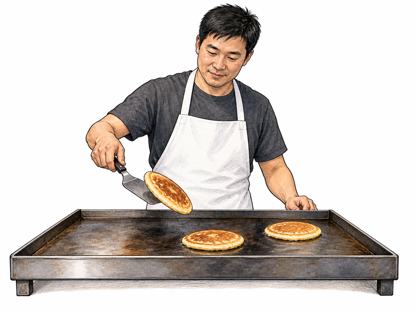 Cook flips small pancake on broad flat griddle surface, two other pancakes rest directly on hot flat plate; no raised grill bars, sparse equipment on white.