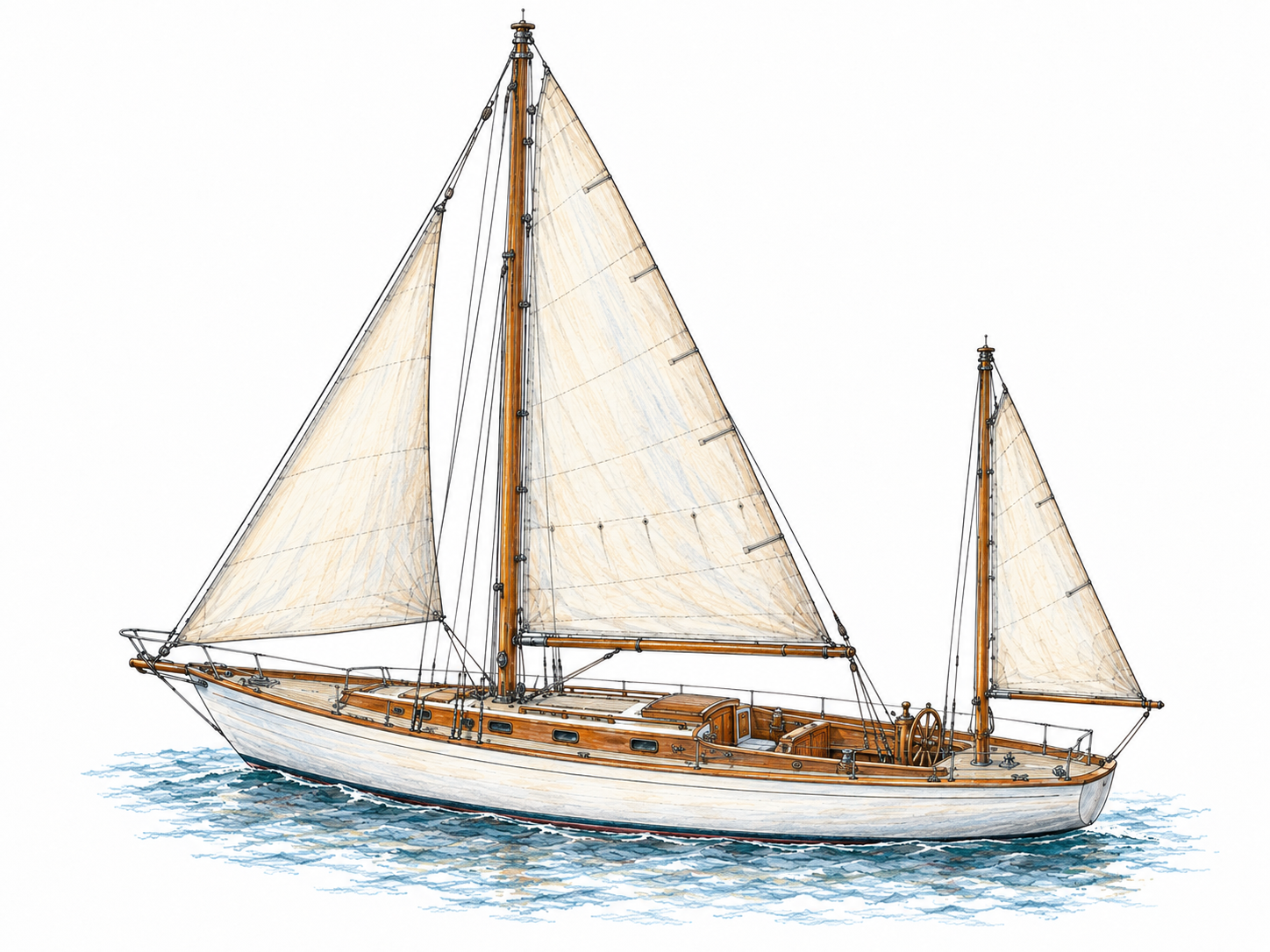 An isolated sailing yawl in clear side view, with one tall mainmast and a much smaller mizzen mast at the stern, visibly aft of the steering position.