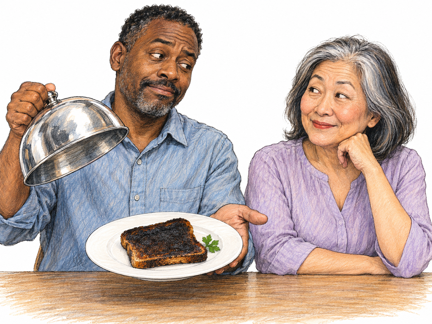 A man gives a single badly burned slice of toast an absurdly formal fine-dining presentation, lifting a silver serving dome with a nearly straight face and a small crooked smile.