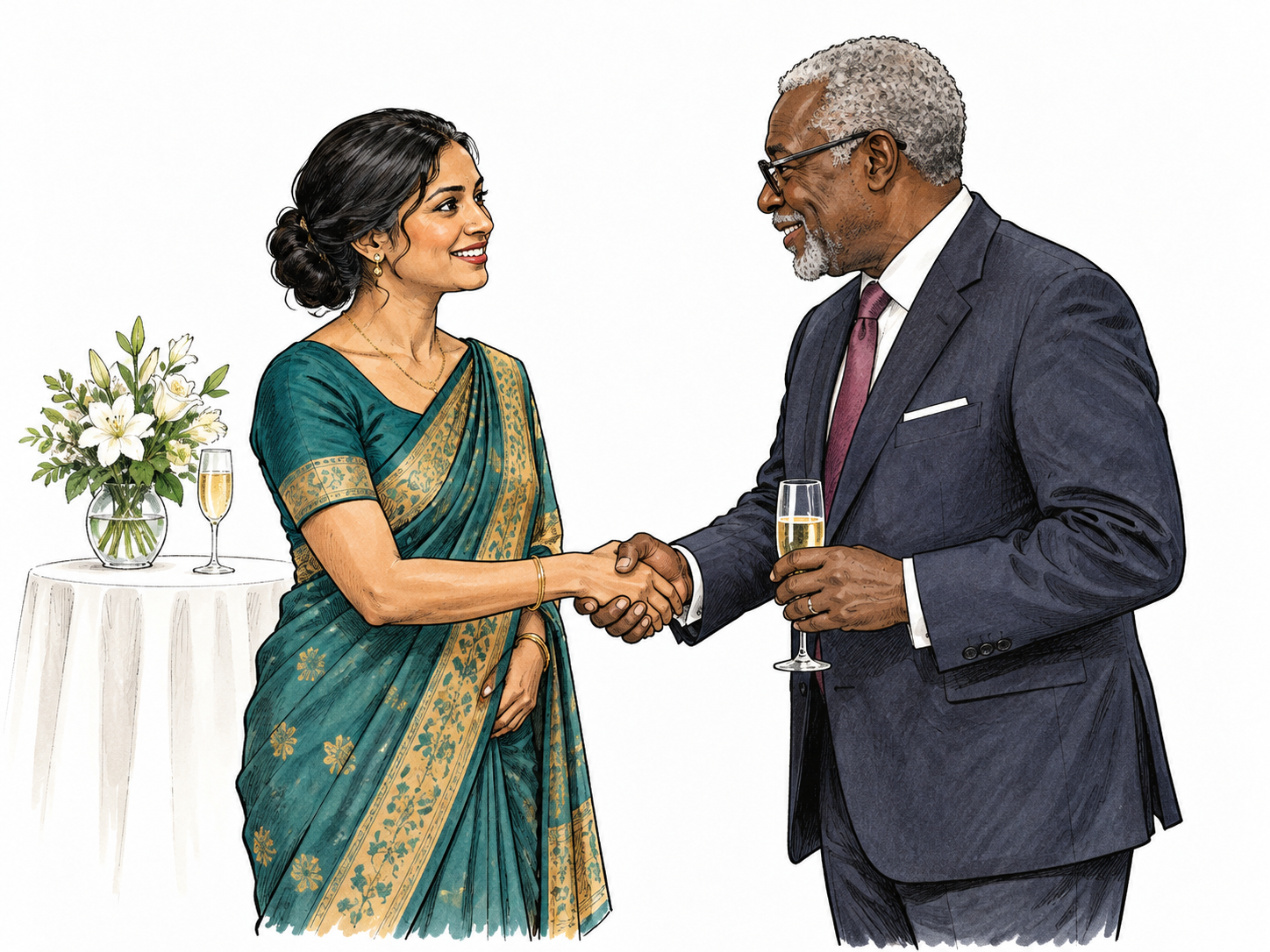 An adult at a formal reception stands with balanced upright posture, composed hands and courteous expression while greeting someone, decorous way of carrying oneself visible.