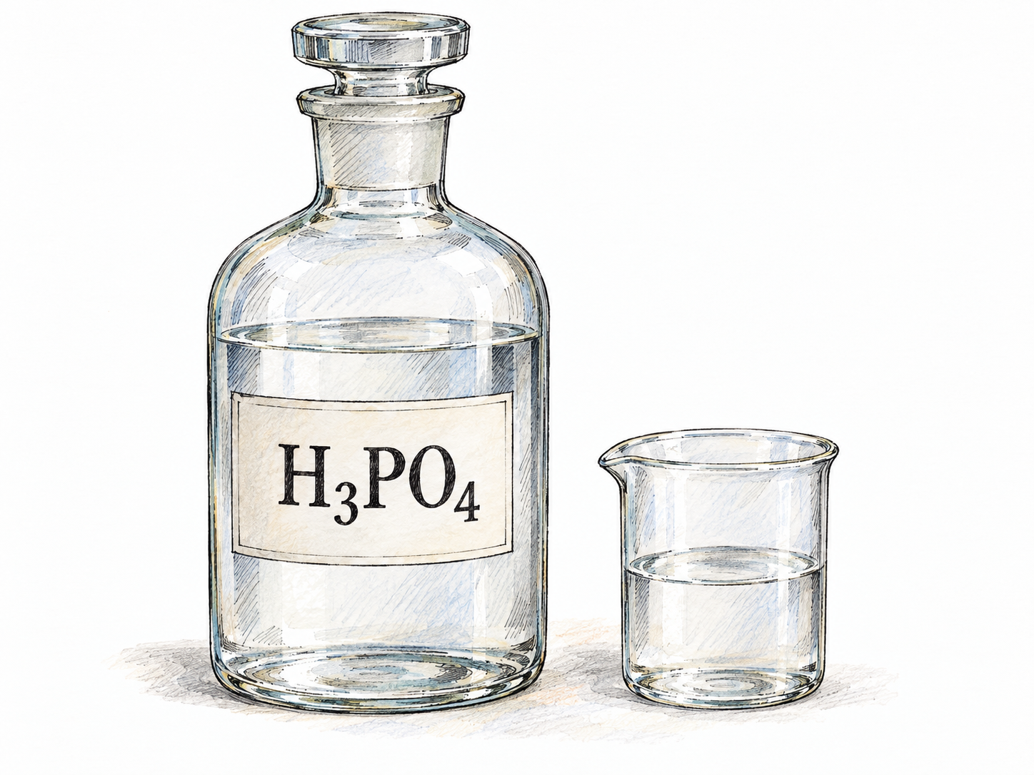 A laboratory reagent bottle of phosphoric acid, identified only by the intrinsic chemical formula H₃PO₄, with a small quantity of the clear liquid in a beaker beside it.