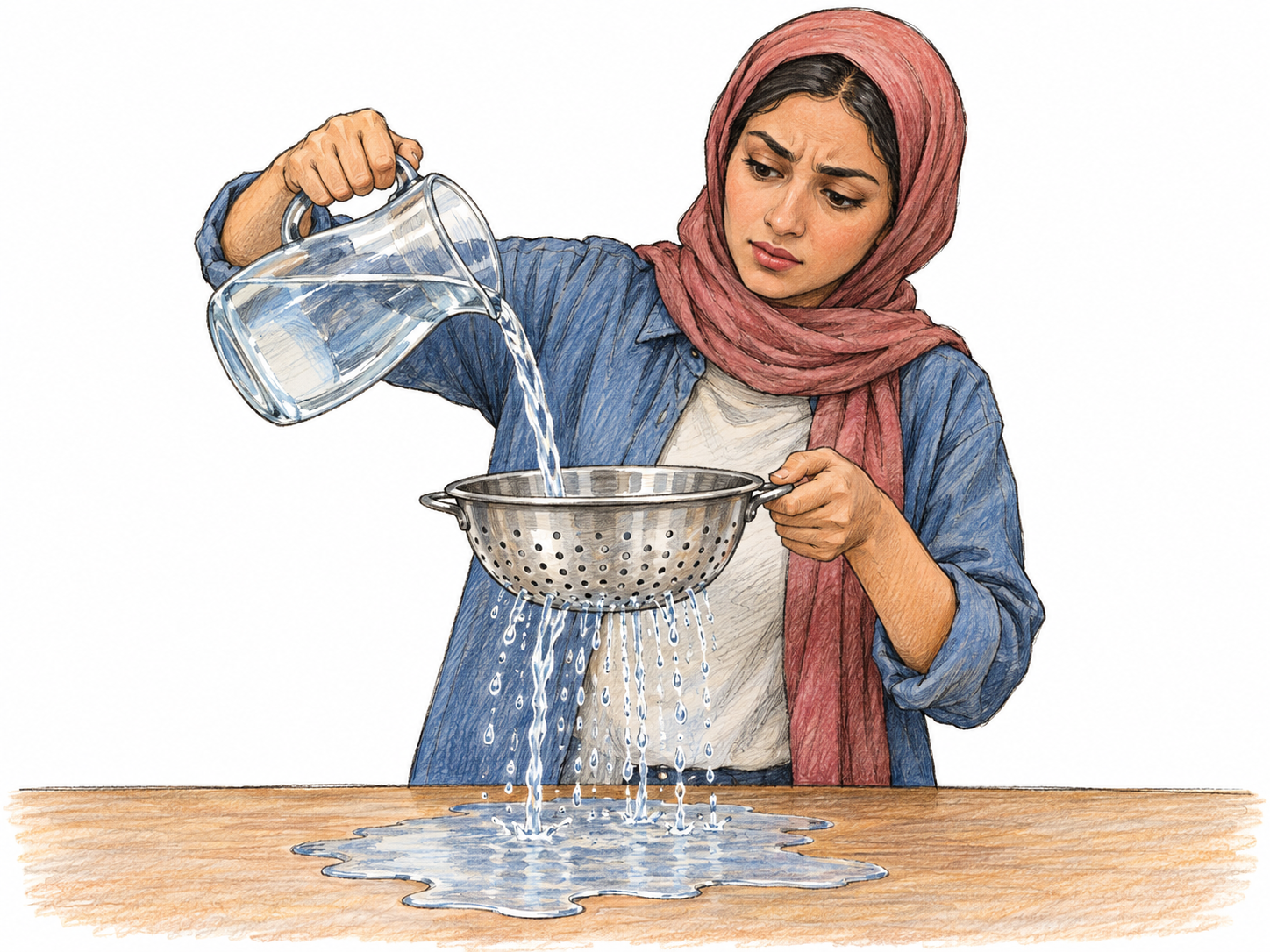 A young woman tries to fill a perforated kitchen colander with water from a pitcher, apparently expecting it to hold the water while streams escape through its holes onto the table.
