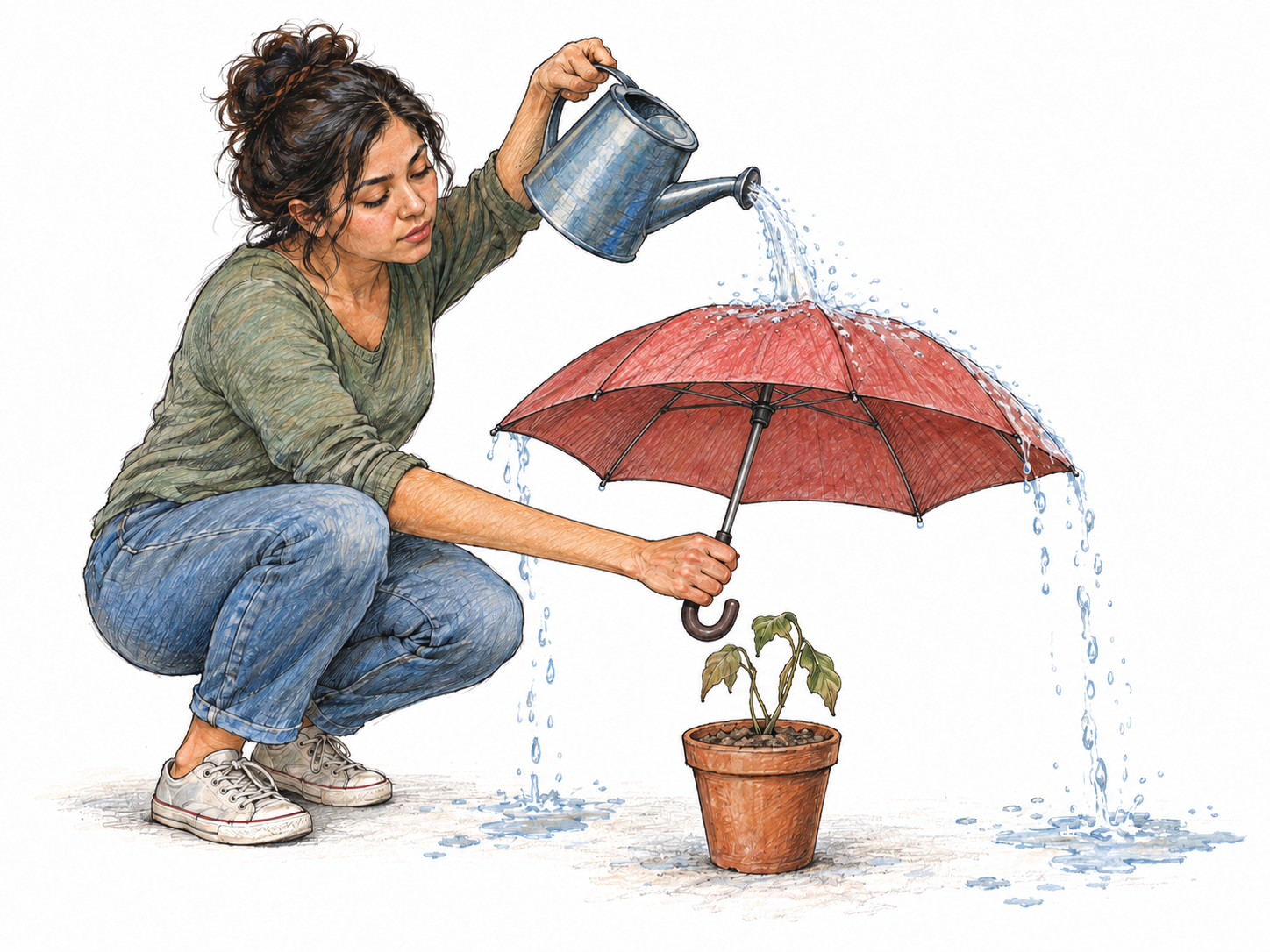 A young adult woman earnestly waters a potted plant while holding an open umbrella directly over it, so all the water runs off the umbrella and misses the dry soil—a plainly foolish action.