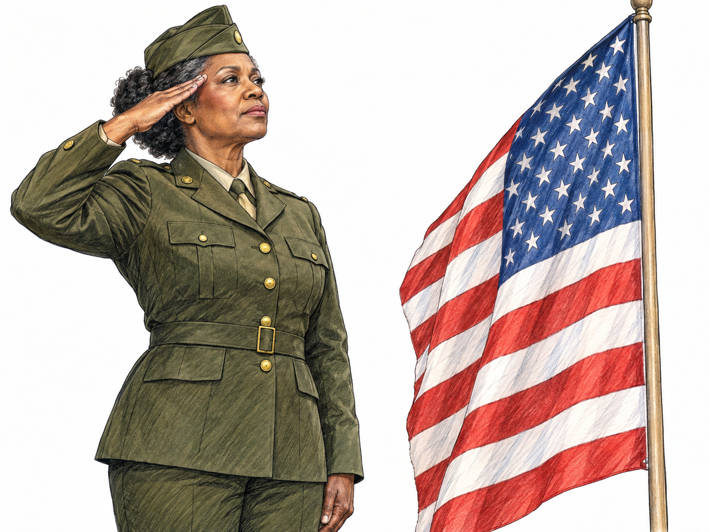 An older American servicewoman in military uniform stands proudly at attention and salutes a clearly recognizable United States flag, combining visible national allegiance with a national-defense role.