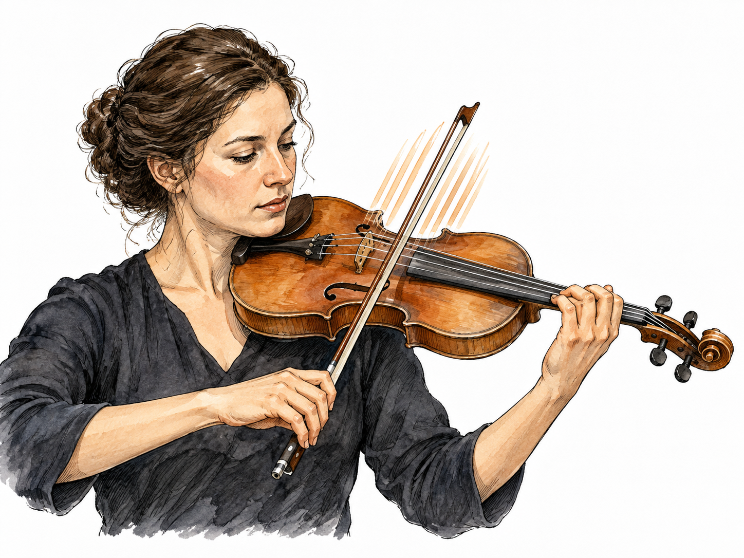 A violinist rapidly repeats a bow stroke near the string, subtle back-and-forth motion strokes suggesting tremolo.