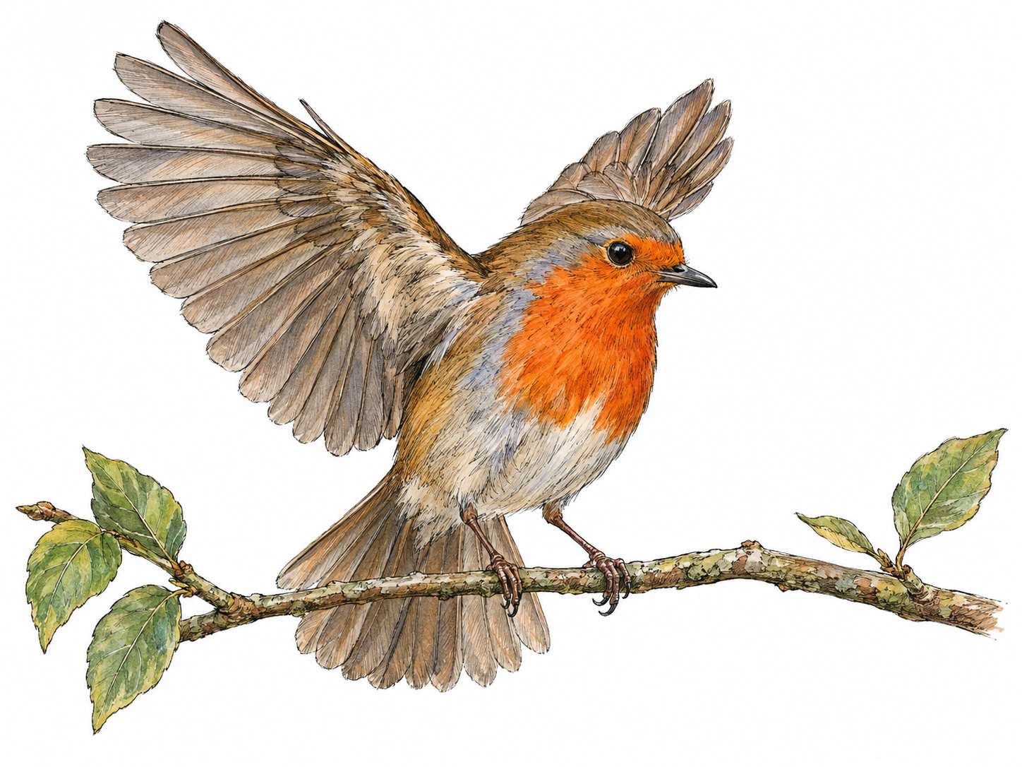 A small songbird touches down on a slender branch, its feet grasping the perch while its still-raised wings and fanned tail show the final instant of landing.
