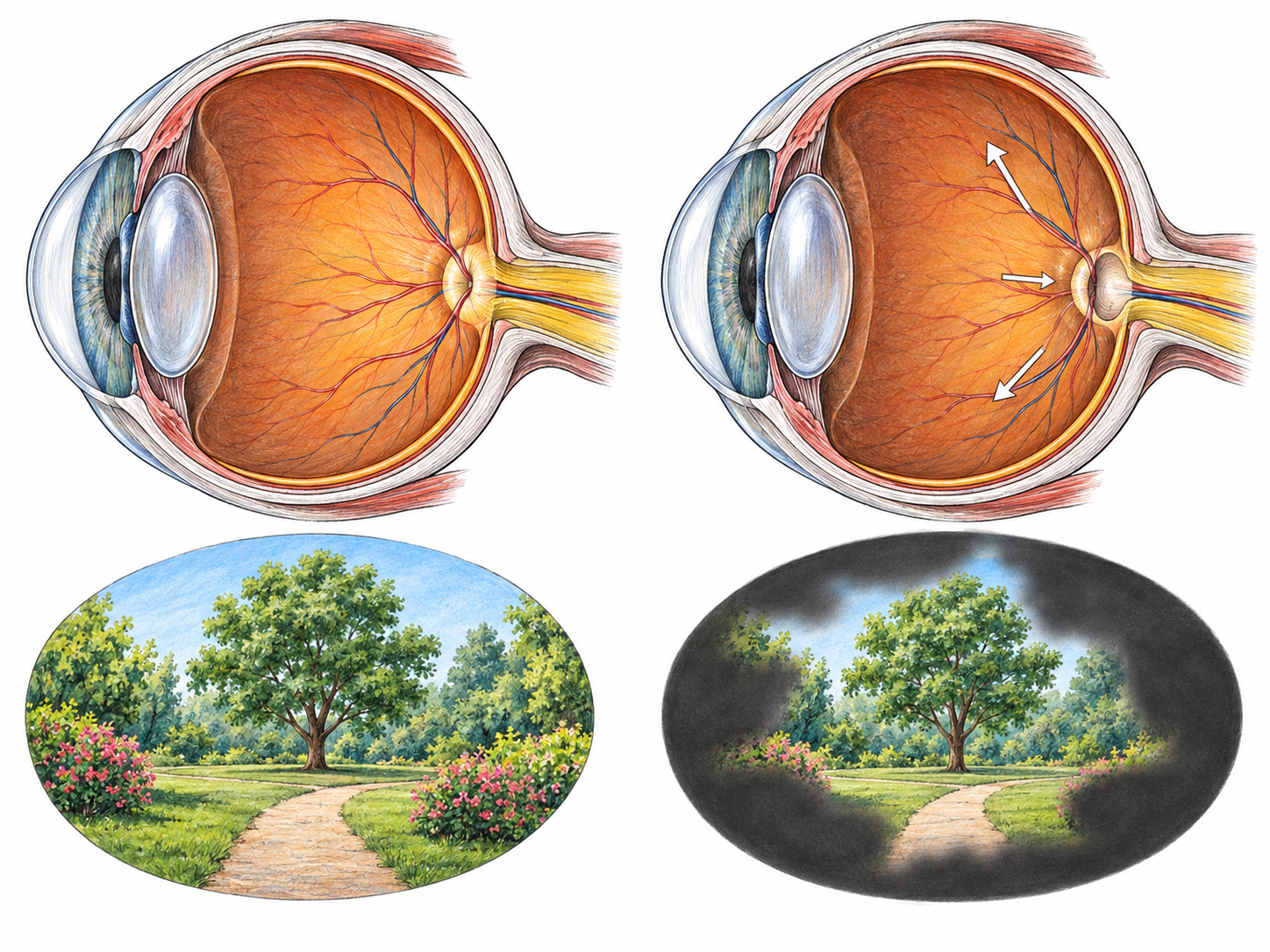 A compact healthy-versus-glaucomatous eye comparison links elevated internal pressure and optic-nerve-head damage to peripheral vision loss, while keeping both lenses clear.
