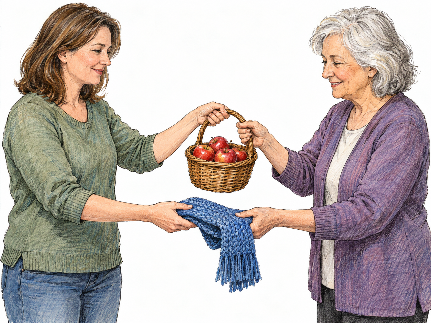 Two women simultaneously exchange a basket of apples for a knitted scarf, visibly trading goods directly with no money involved.