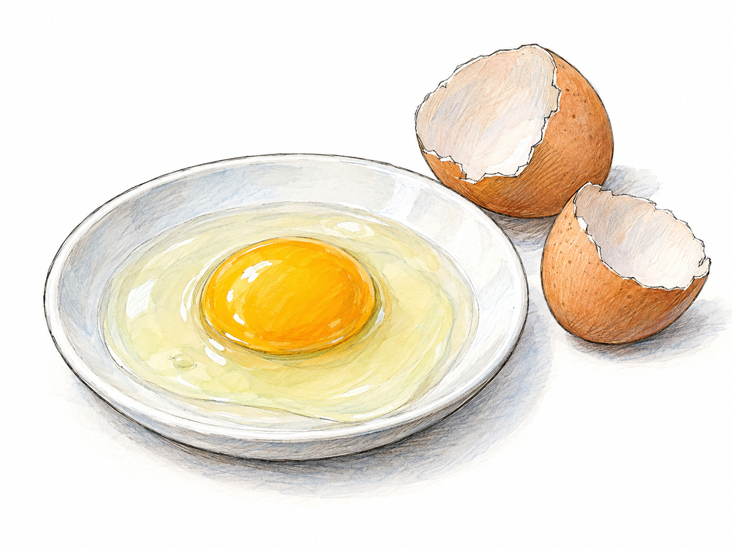 A freshly cracked raw egg on a plain white saucer, with a prominent intact golden-yellow yolk surrounded by translucent egg white and two empty shell halves beside it.