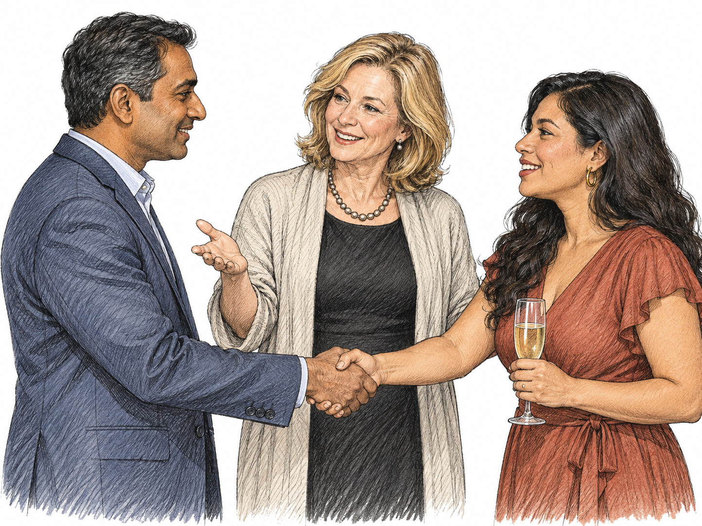A host smoothly introduces two guests to each other with a polished conversational gesture; graceful charm in social behavior, exactly three adults.