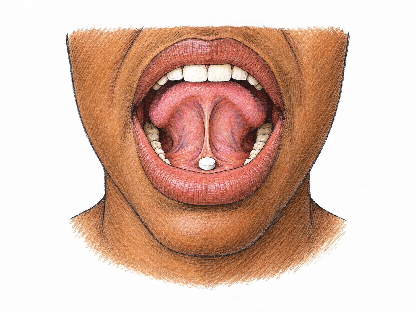 Close respectful view into an adult open mouth with the tongue gently lifted toward the roof, exposing its underside and the floor of the mouth.