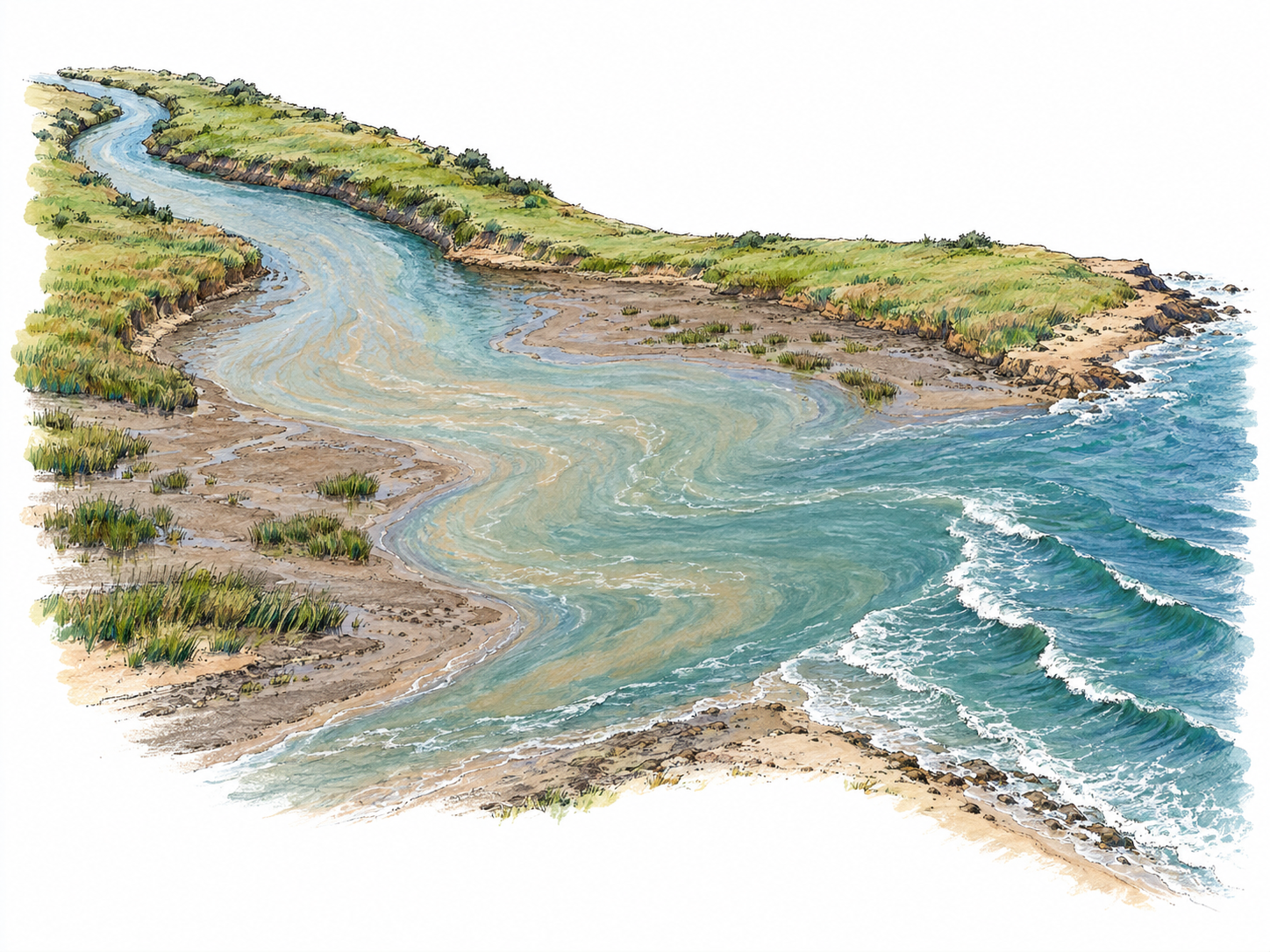 An elevated coastal view of a river widening into a sheltered tidal mouth and opening into the sea, with softly intermingling river sediment and blue-green seawater between exposed tidal banks.
