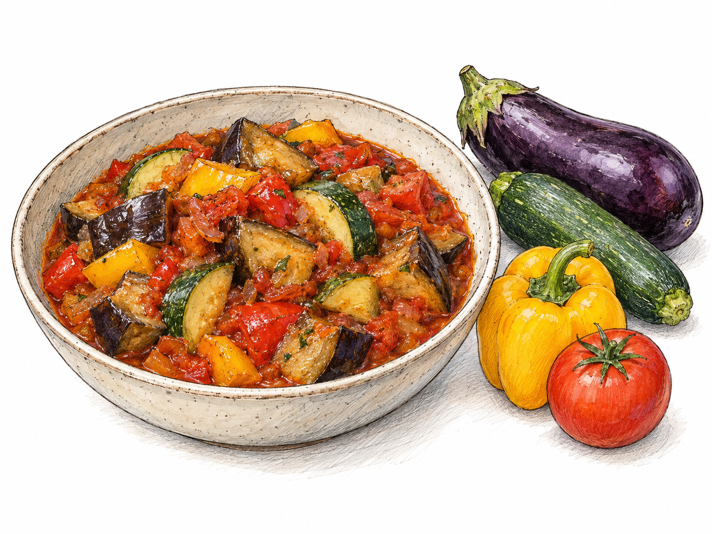 A shallow rustic bowl of chunky ratatouille, with clearly recognizable cooked eggplant, zucchini, peppers, and tomatoes in a modest amount of tomato-rich sauce.