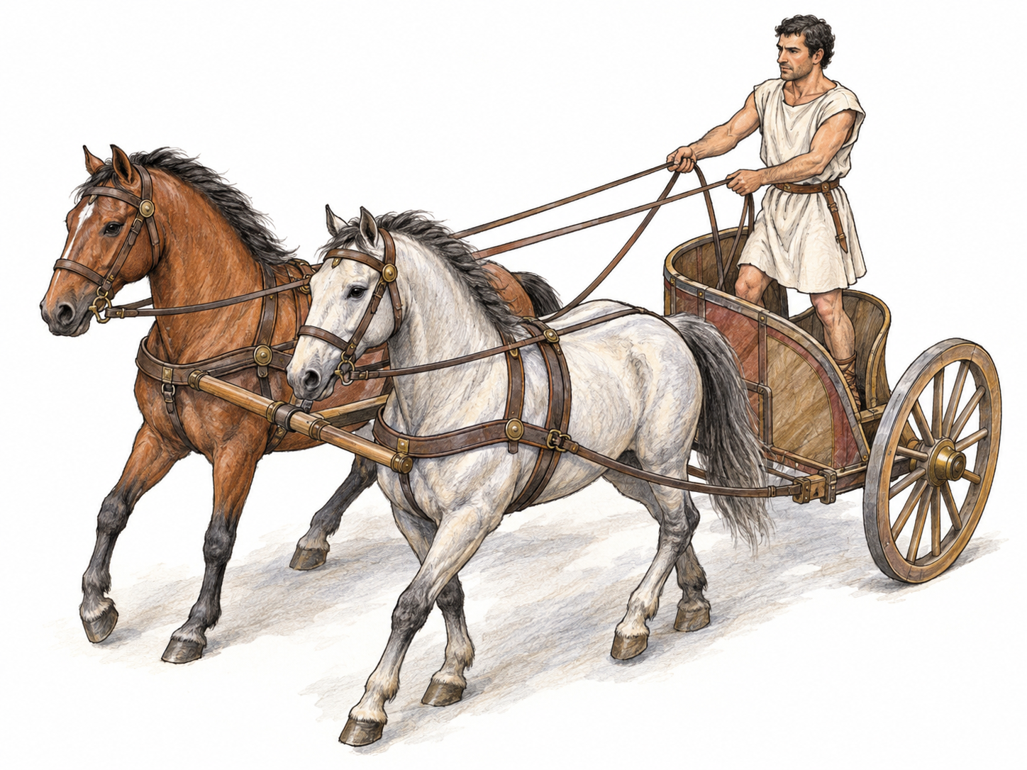 An ancient Roman chariot driver stands in a small two-wheeled chariot, visibly controlling a harnessed pair of horses with taut reins.