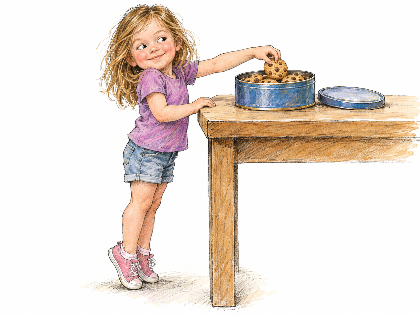 A small child cheekily sneaks a cookie from an open cookie tin, standing on tiptoe and glancing sideways with a mischievous grin.
