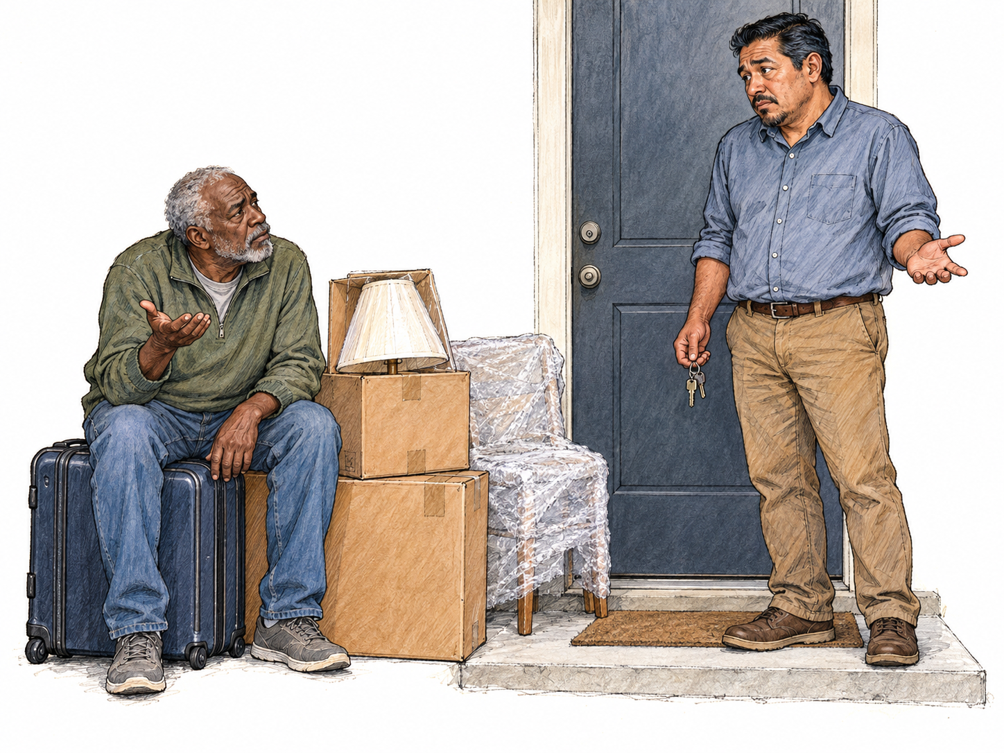 A stalled move leaves a man and his packed household belongings stranded at the threshold: he cannot settle in, while the person holding the house keys can offer only an uncertain shrug.