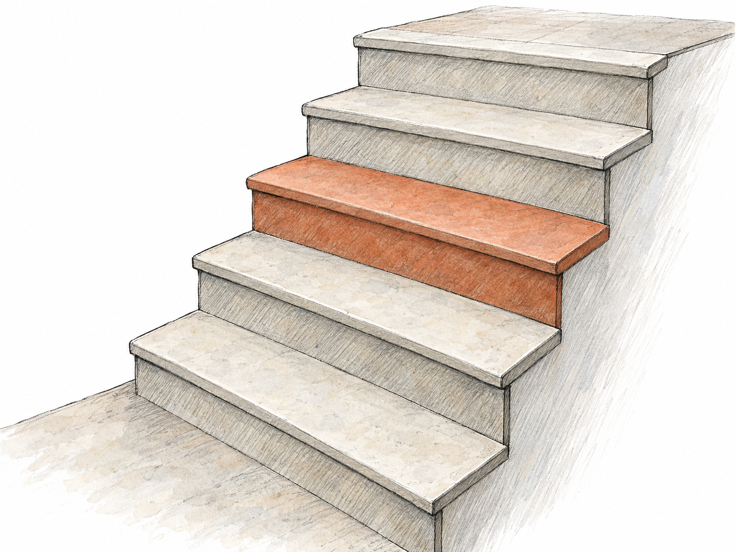 An oblique close view of a short flight of stairs joining two levels, with one middle stair distinguished in muted terracotta while the neighboring stairs remain pale gray.