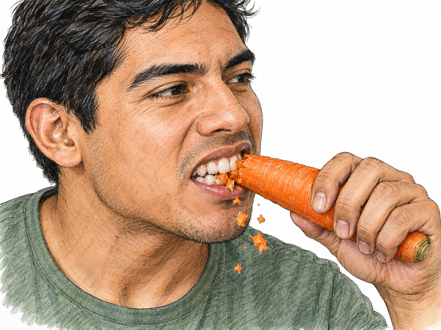 Close three-quarter view of a young man chomping into a crisp raw carrot, with his teeth visibly crushing the carrot and a few fresh fragments breaking away at the bite.