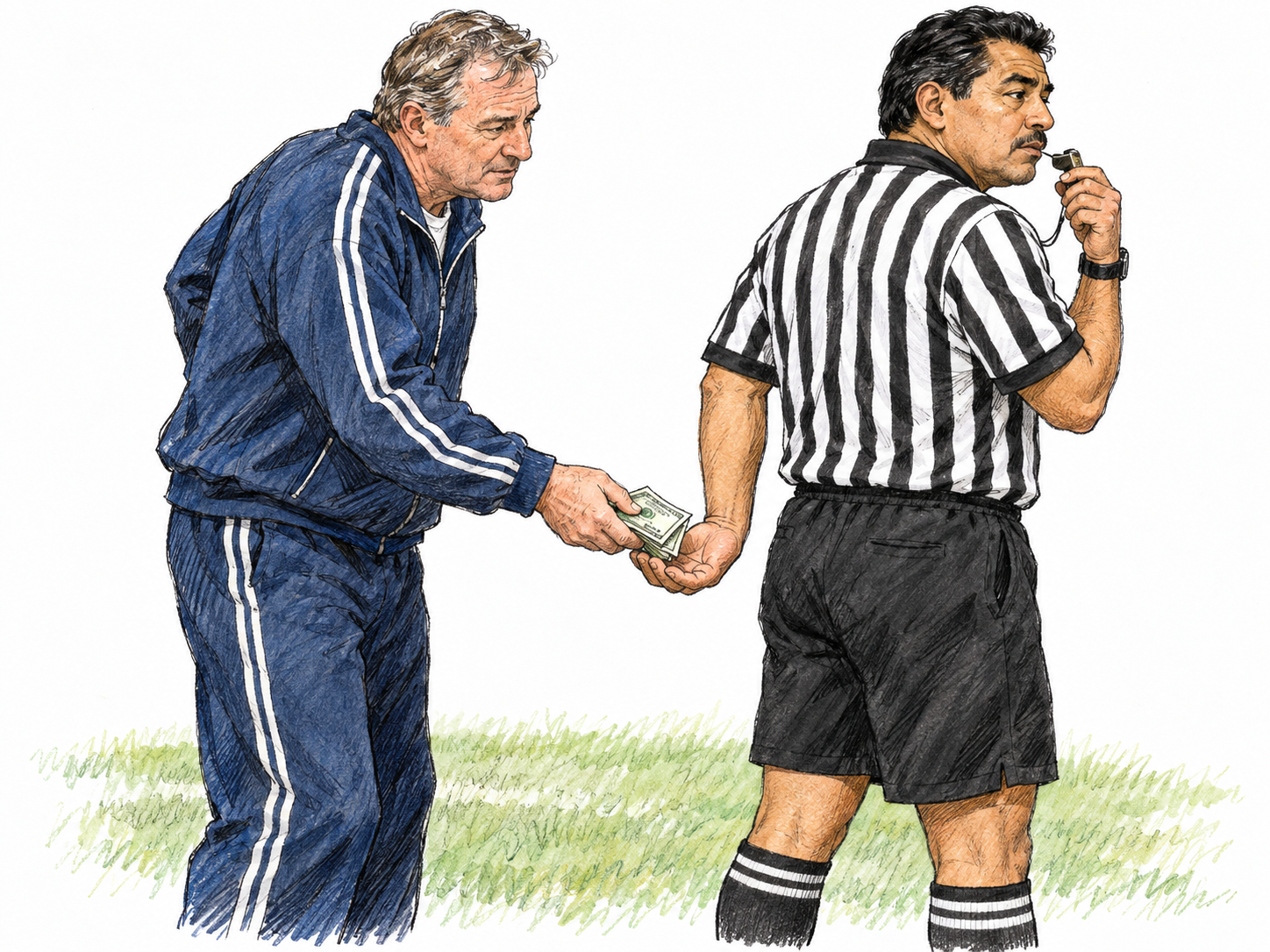 A sports referee palms a small stack of banknotes offered discreetly by a coach behind his back while holding his whistle and deliberately averting his gaze from the playing area.