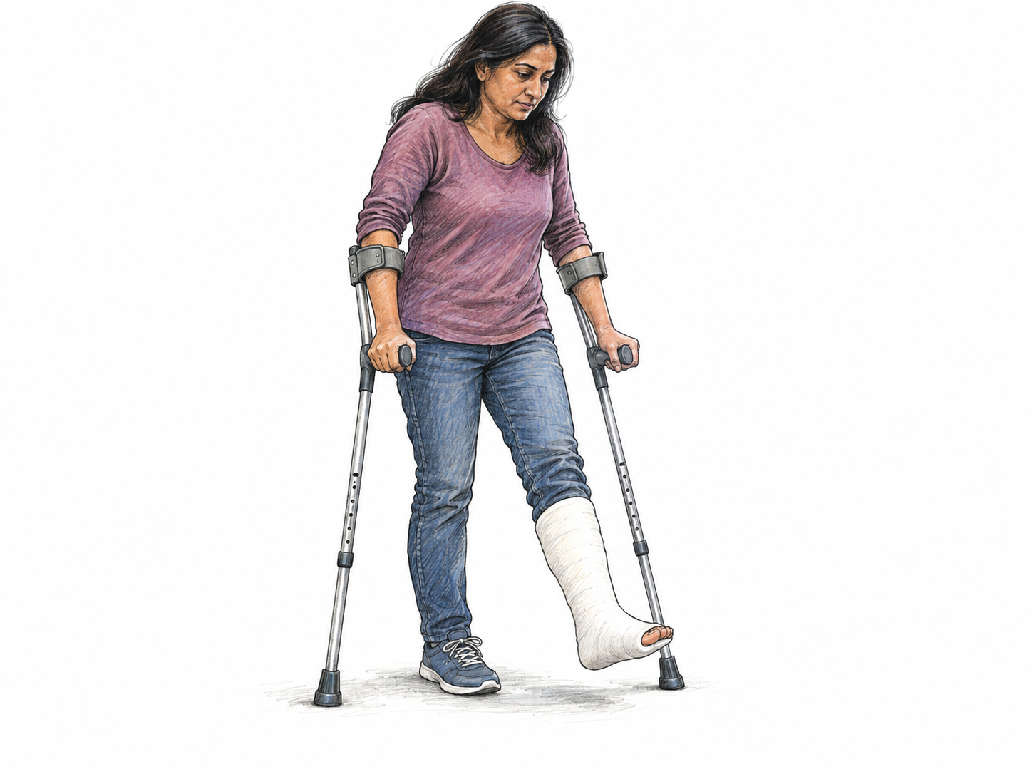 A woman with one leg in a cast relies on two crutches to move: her injured foot stays off the ground while her hands and arms visibly bear her weight through the crutches.