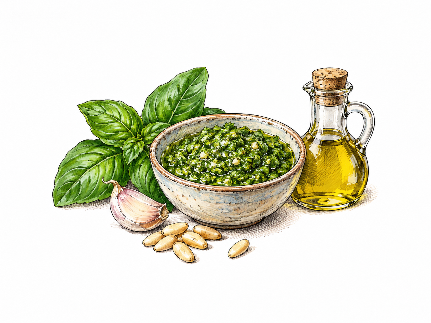 A small bowl of coarse bright-green pesto with visible crushed herbs beside fresh basil leaves, one garlic clove, a few pine nuts and tiny plain cruet of olive oil.