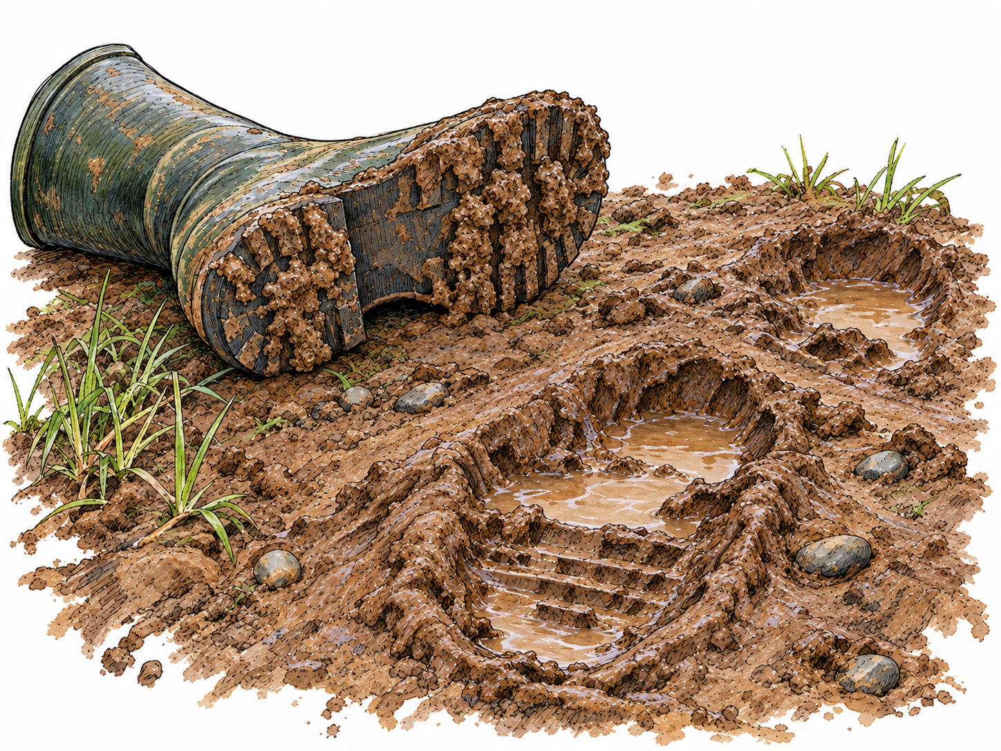 A close-up patch of wet brown earth with deep boot impressions, soft squeezed-up ridges, shallow watery depressions, and clumps adhering to an abandoned rubber boot.