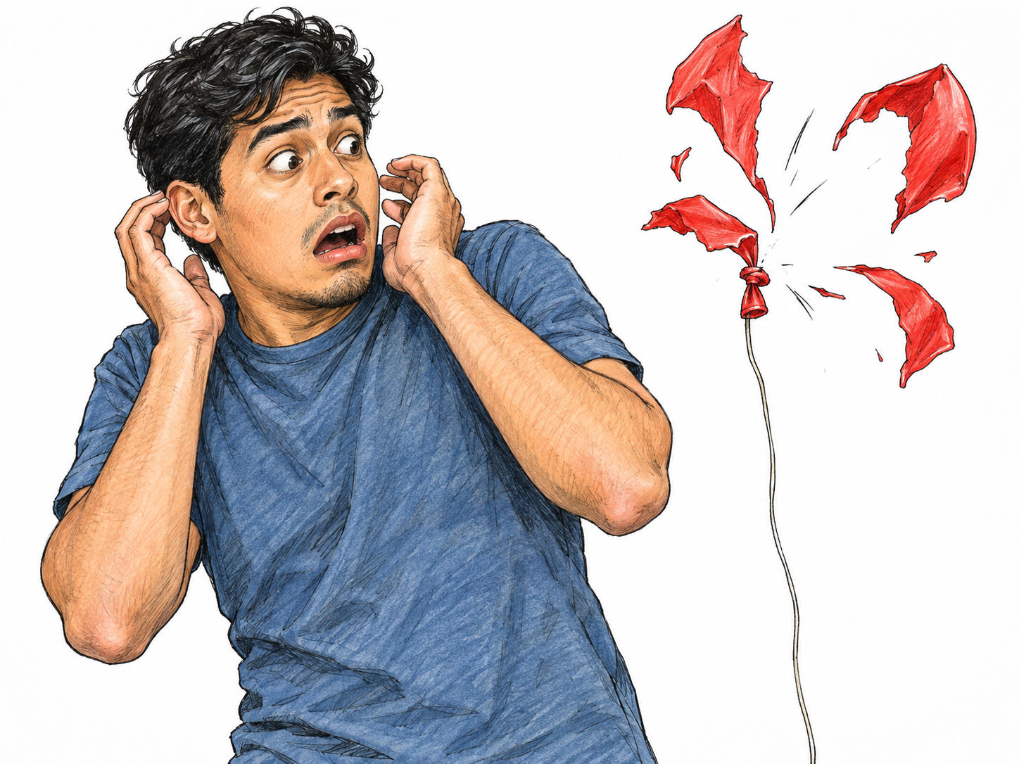 A balloon bursting beside a startled man, with torn rubber snapping outward and his hands reflexively rising toward his ears.