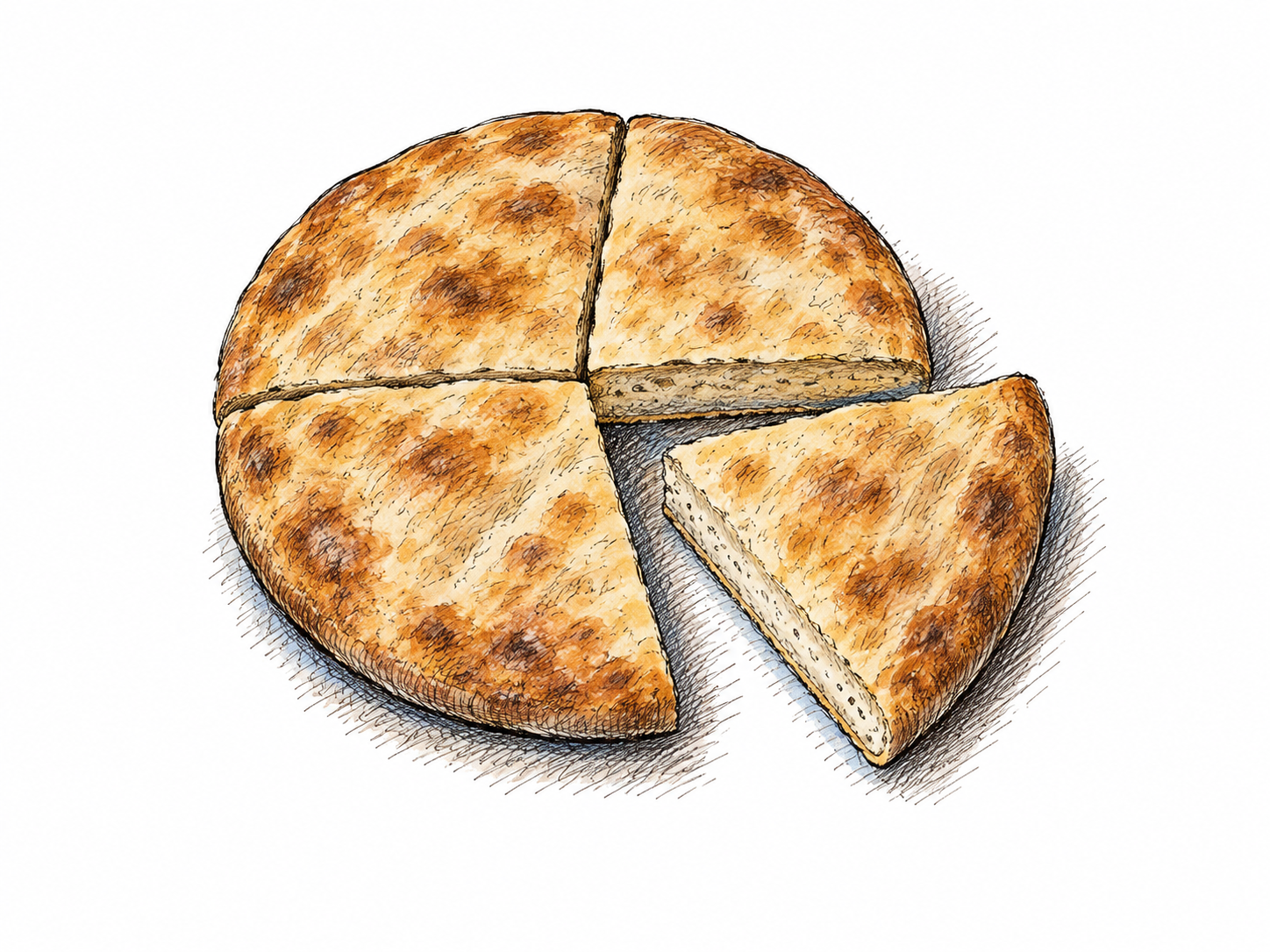 A round plain flatbread is cut into exactly four equal wedge quarters, one quarter separated slightly from the other three, overhead three-quarter view, clearly ink-hatched crust and soft sparse warm wash.