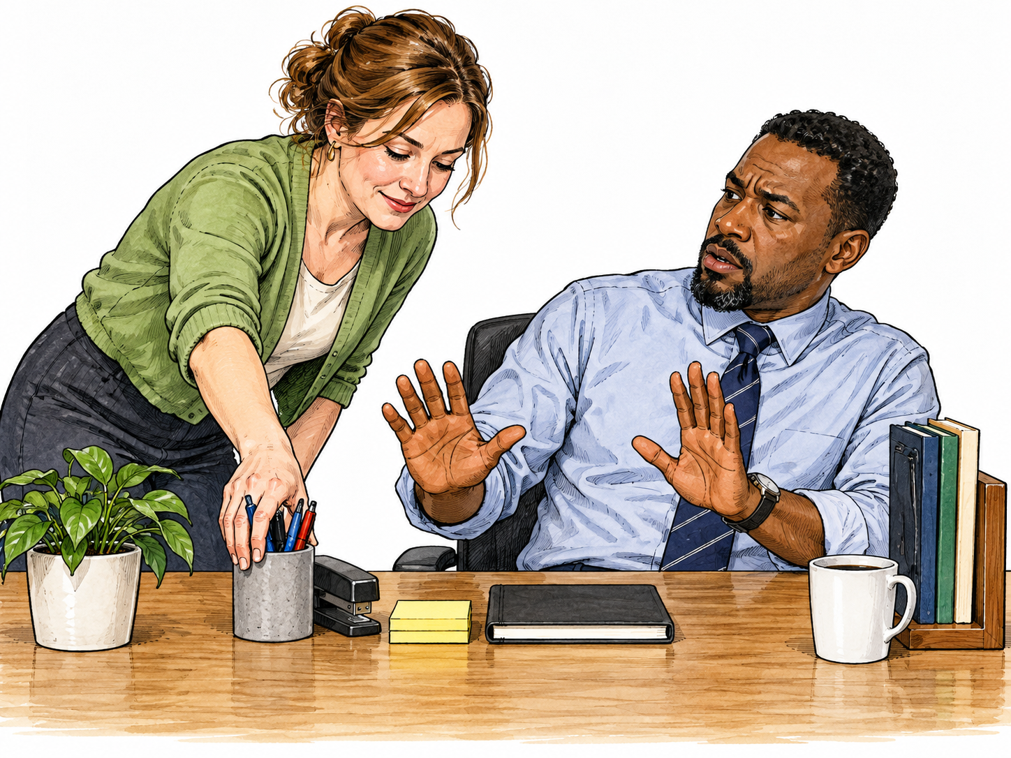 One person reaches over to rearrange another person's carefully arranged desk items while the owner raises an objection; unsolicited interference is clear.