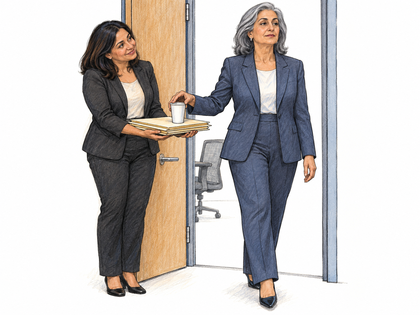 A deferential office assistant holds a door open with her back while bowing toward an executive, balancing the executive's files as the executive casually deposits an empty cup on top.