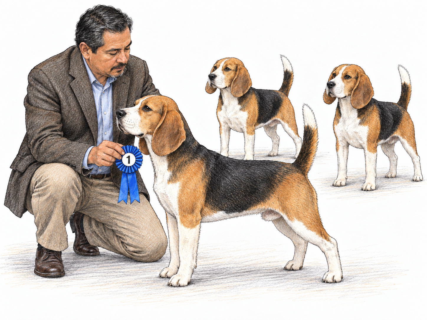 A dog-show judge presents an exemplary beagle beside two other beagles: the selected animal visibly concentrates the characteristic features of its breed, making a perfect example of a type concrete.